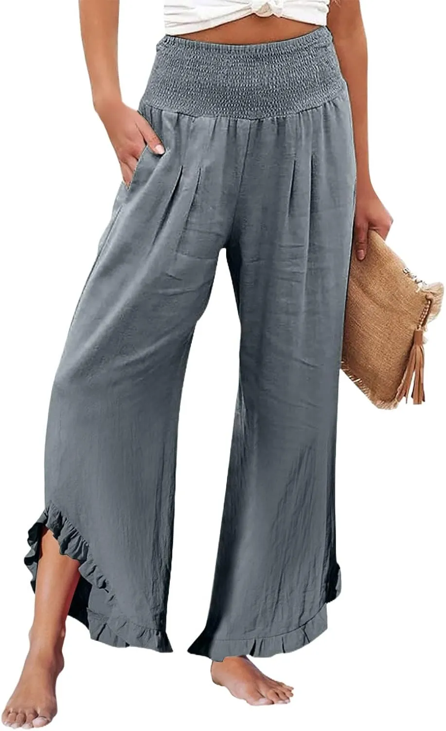 Pants for Women, Straight Leg Summer High Waisted Linen Pants Wide Palazzo