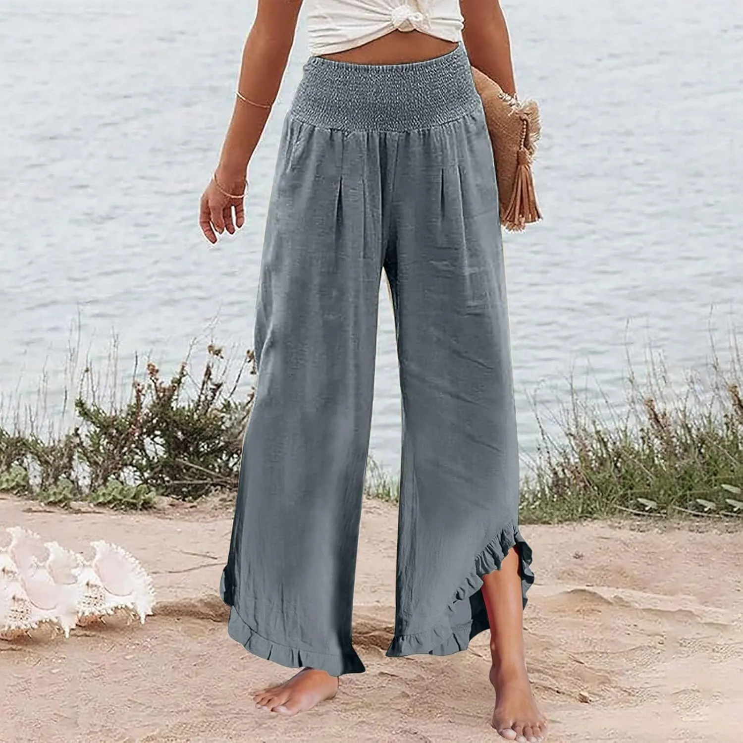 Pants for Women, Straight Leg Summer High Waisted Linen Pants Wide Palazzo