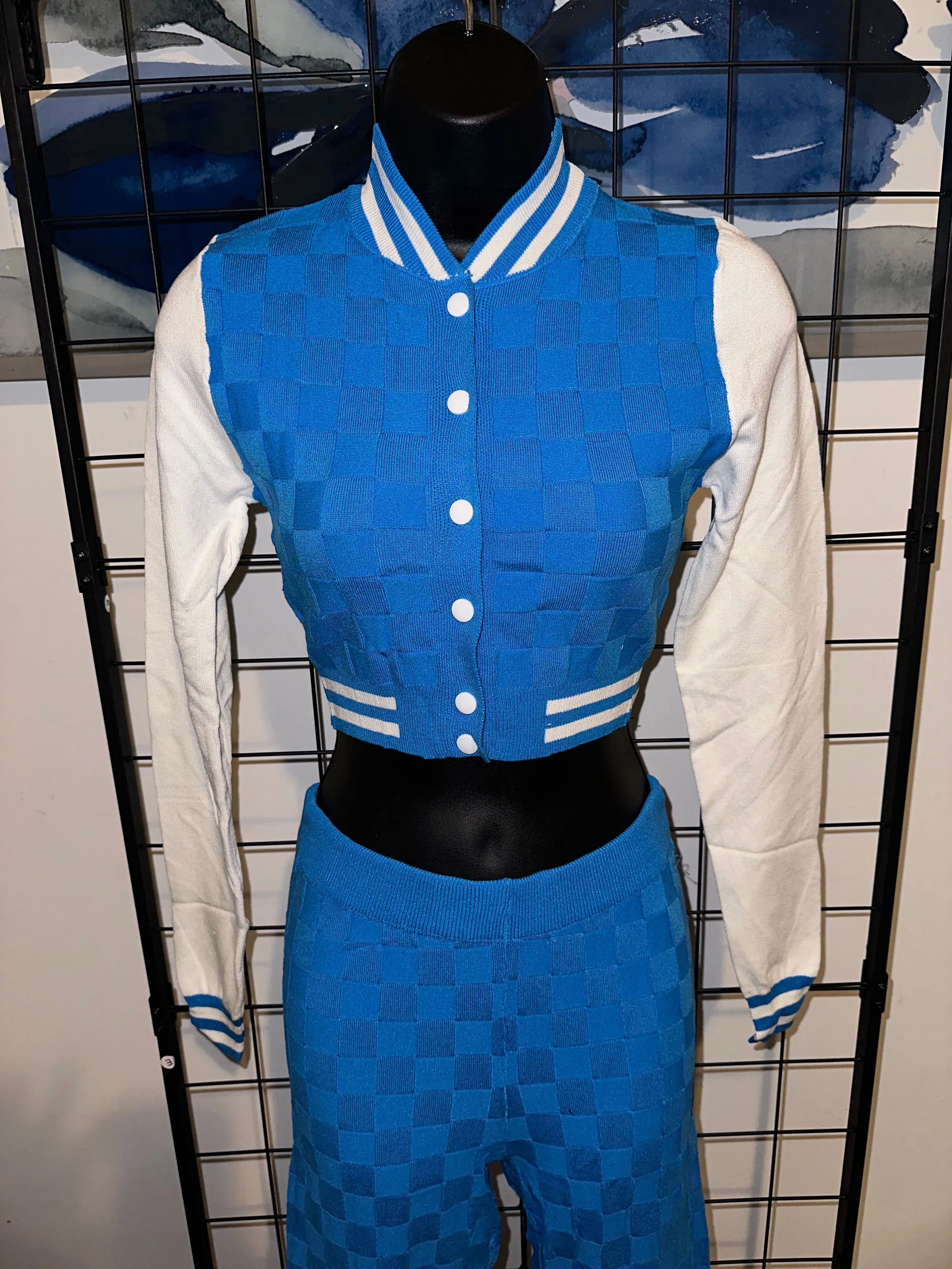Personal Preference 2-Piece Turquoise Knit Varsity Top & Bottom Matching Set