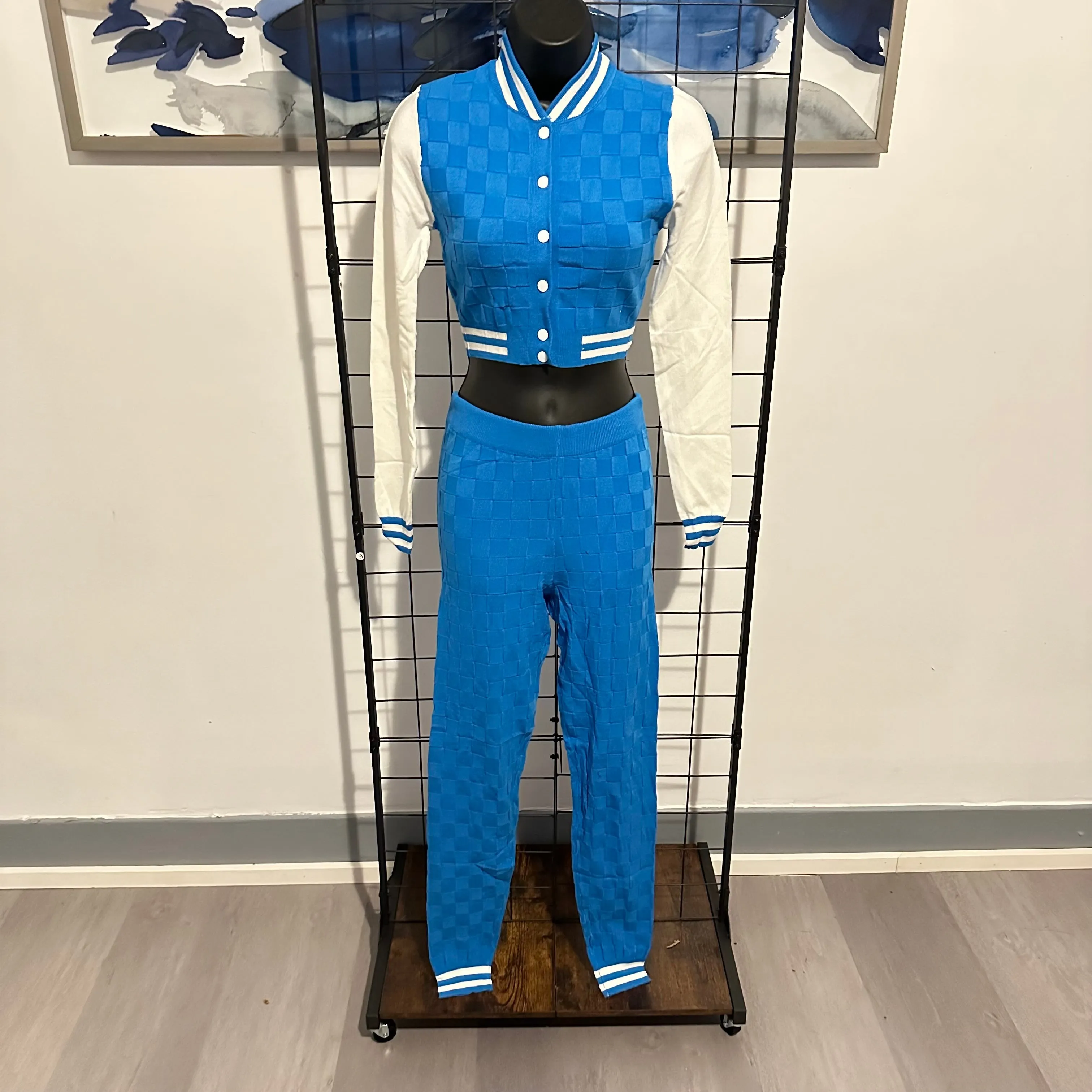 Personal Preference 2-Piece Turquoise Knit Varsity Top & Bottom Matching Set