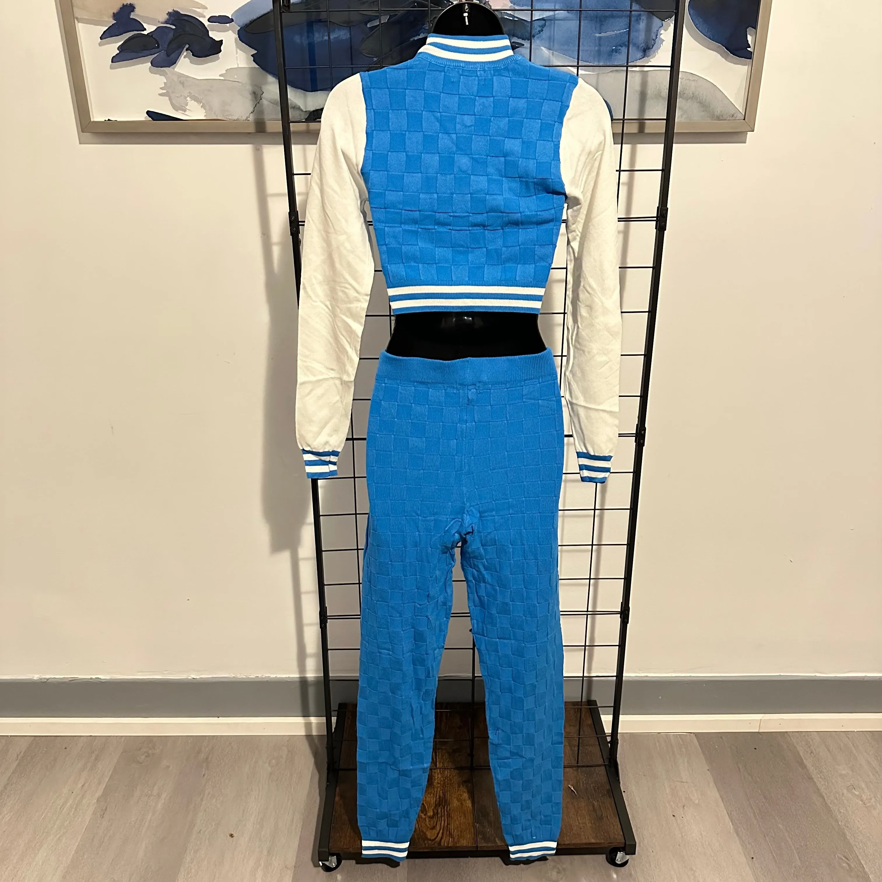 Personal Preference 2-Piece Turquoise Knit Varsity Top & Bottom Matching Set