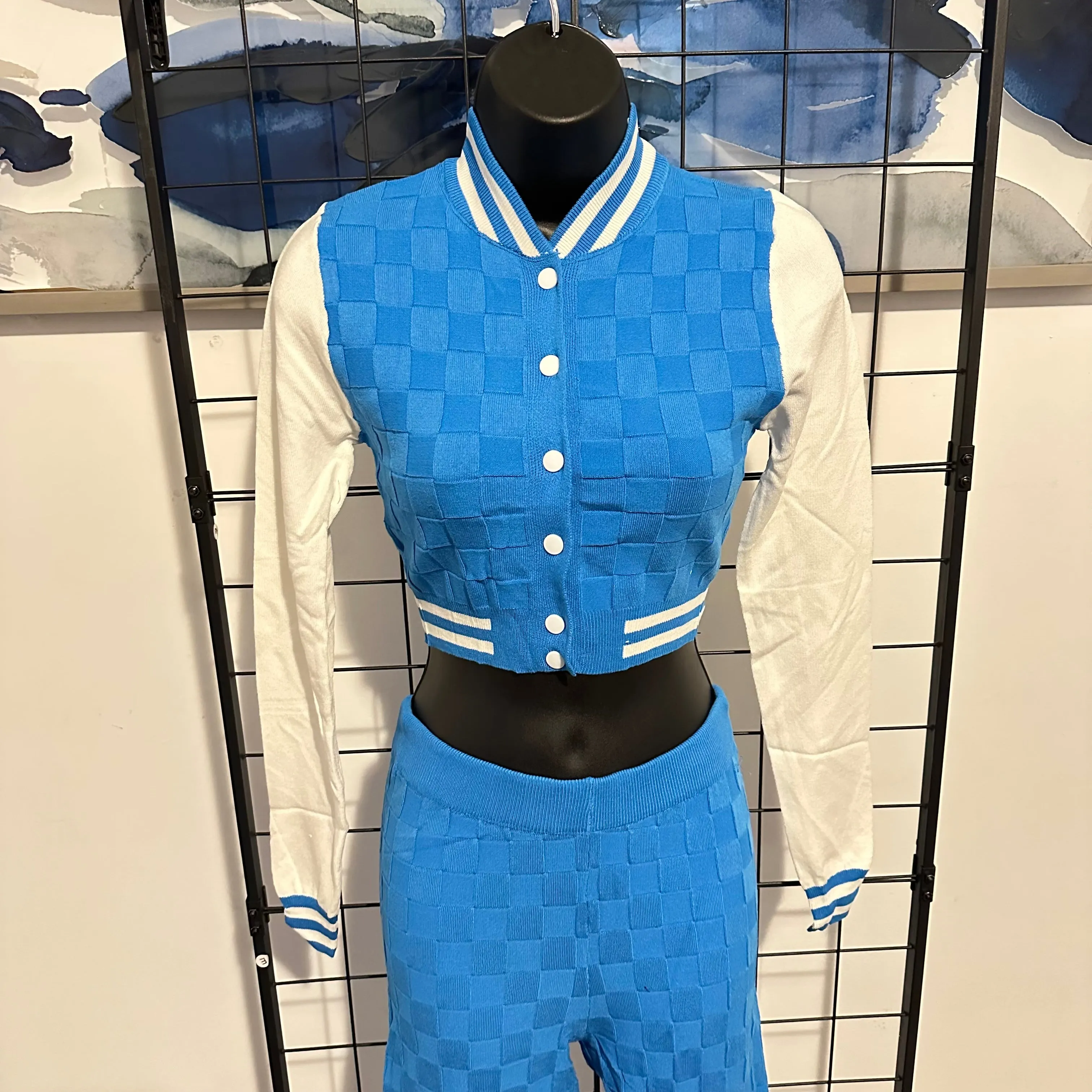 Personal Preference 2-Piece Turquoise Knit Varsity Top & Bottom Matching Set
