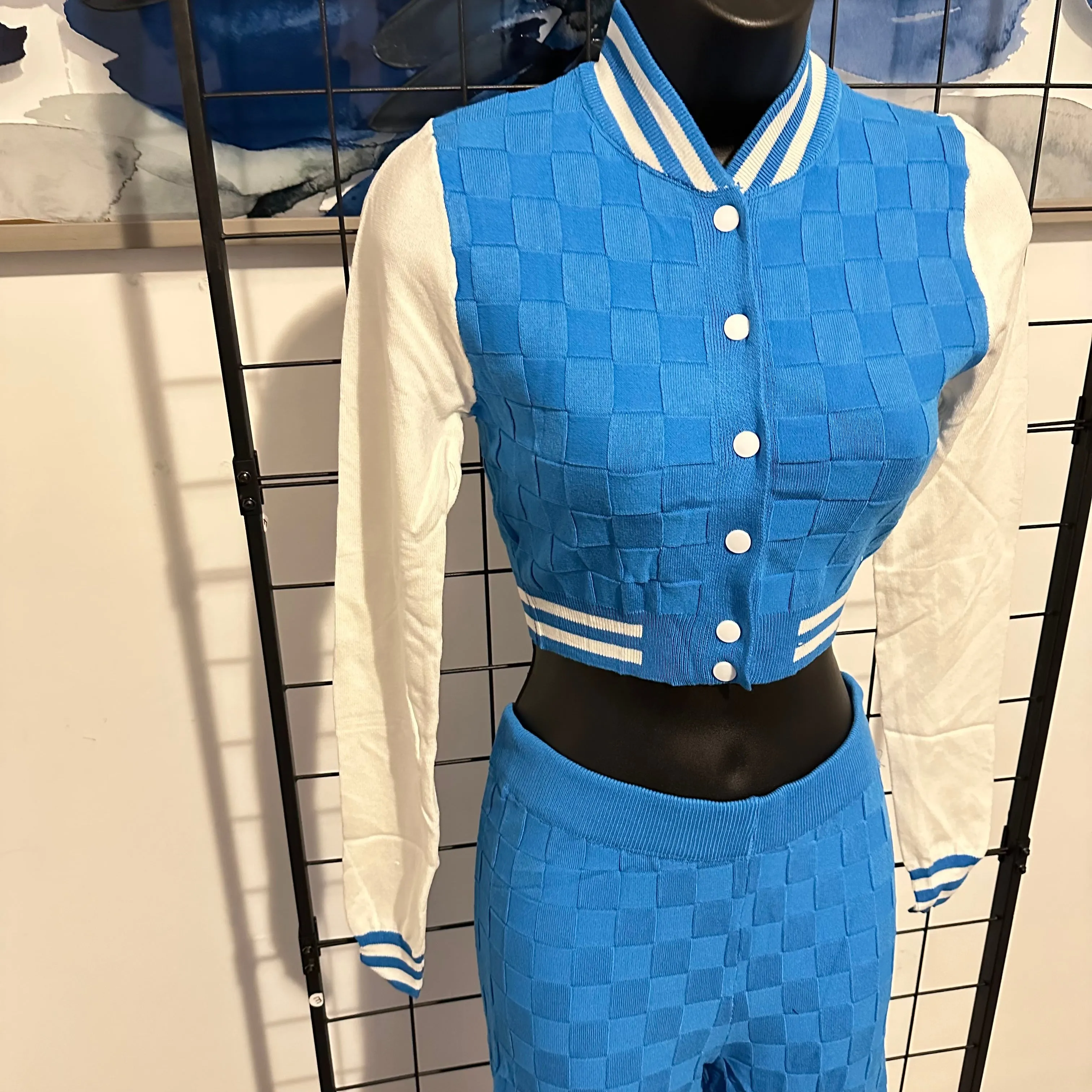 Personal Preference 2-Piece Turquoise Knit Varsity Top & Bottom Matching Set