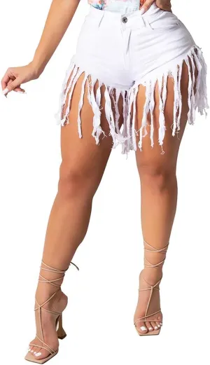 PINSV Women's Denim Shorts Summer High Waisted Frayed Raw Hem Ripped Tassels Sexy Short Pants Jeans