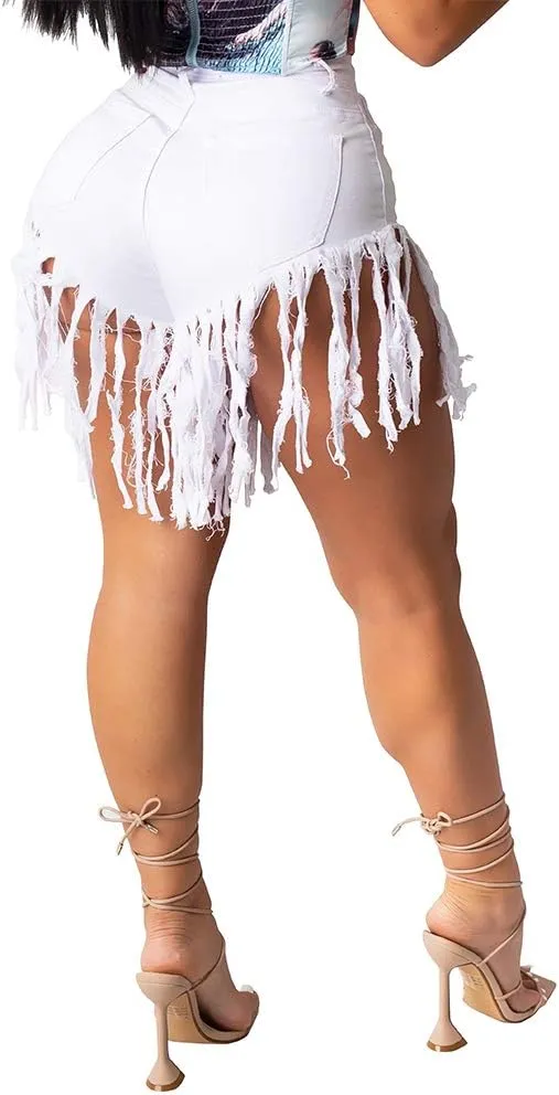 PINSV Women's Denim Shorts Summer High Waisted Frayed Raw Hem Ripped Tassels Sexy Short Pants Jeans
