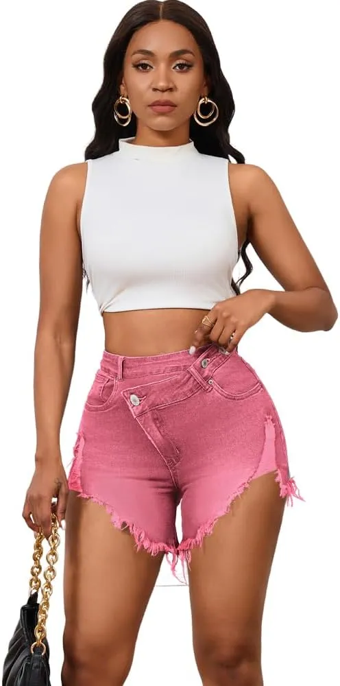PINSV Women's High Waisted Crossover Denim Shorts