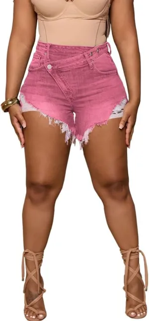 PINSV Women's High Waisted Crossover Denim Shorts