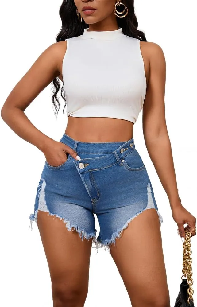 PINSV Women's High Waisted Crossover Denim Shorts