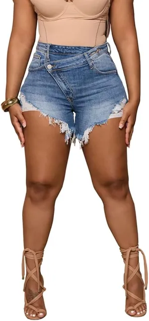 PINSV Women's High Waisted Crossover Denim Shorts