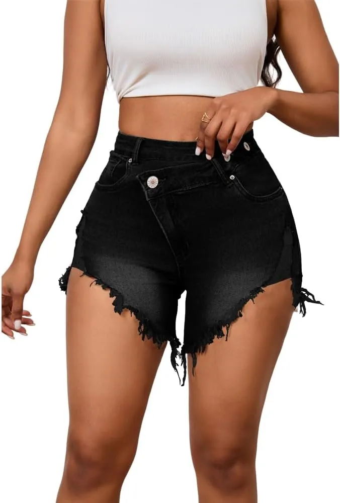PINSV Women's High Waisted Crossover Denim Shorts