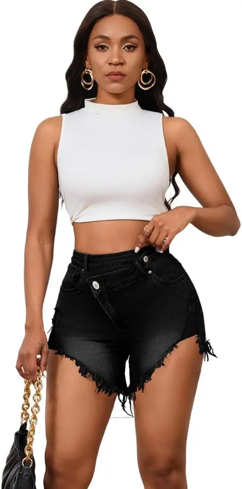 PINSV Women's High Waisted Crossover Denim Shorts