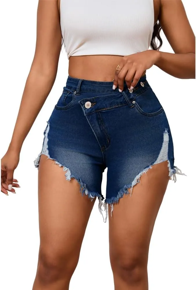 PINSV Women's High Waisted Crossover Denim Shorts