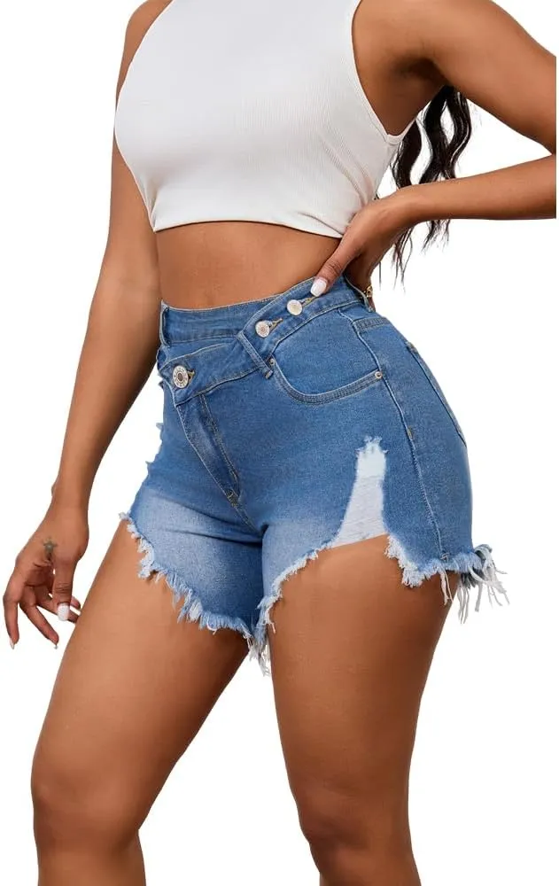 PINSV Women's High Waisted Crossover Denim Shorts