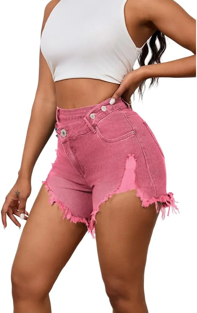 PINSV Women's High Waisted Crossover Denim Shorts