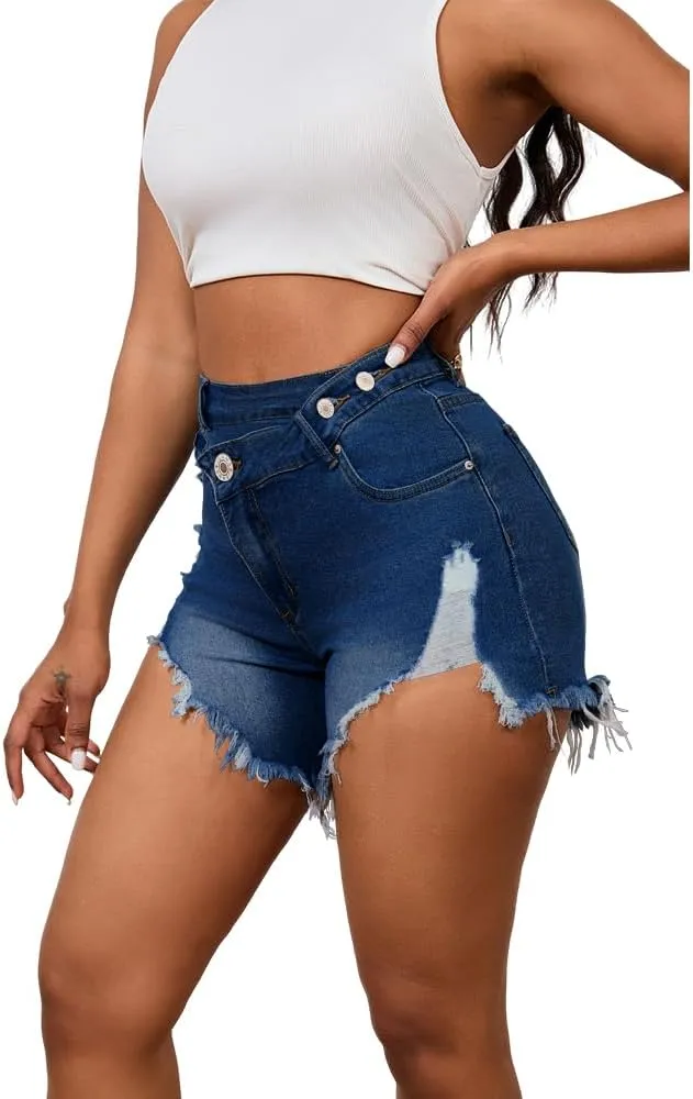 PINSV Women's High Waisted Crossover Denim Shorts