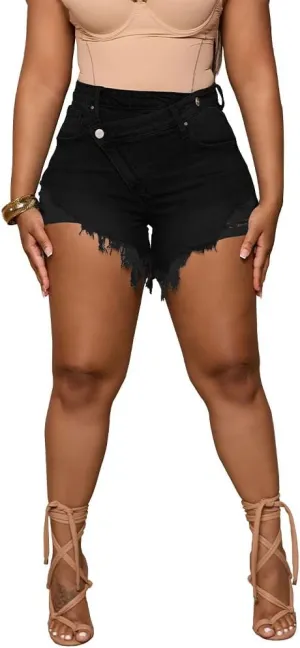 PINSV Women's High Waisted Crossover Denim Shorts
