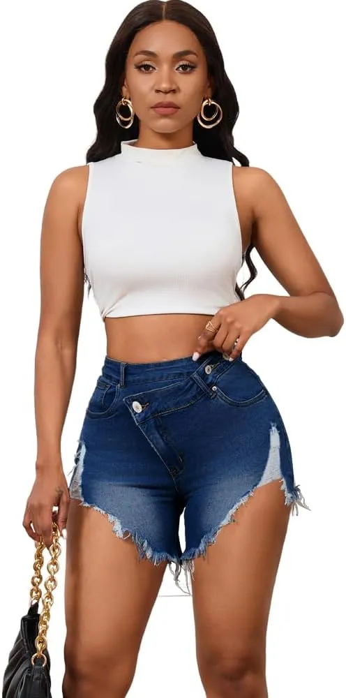 PINSV Women's High Waisted Crossover Denim Shorts