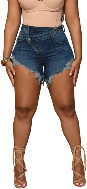 PINSV Women's High Waisted Crossover Denim Shorts
