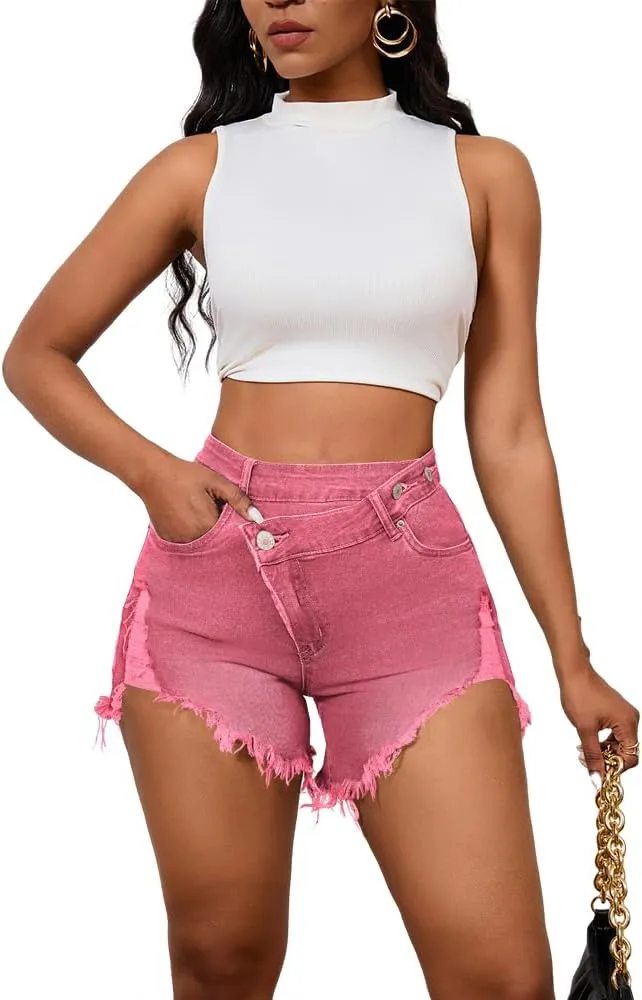 PINSV Women's High Waisted Crossover Denim Shorts