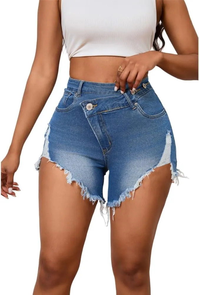 PINSV Women's High Waisted Crossover Denim Shorts