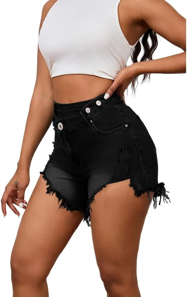 PINSV Women's High Waisted Crossover Denim Shorts