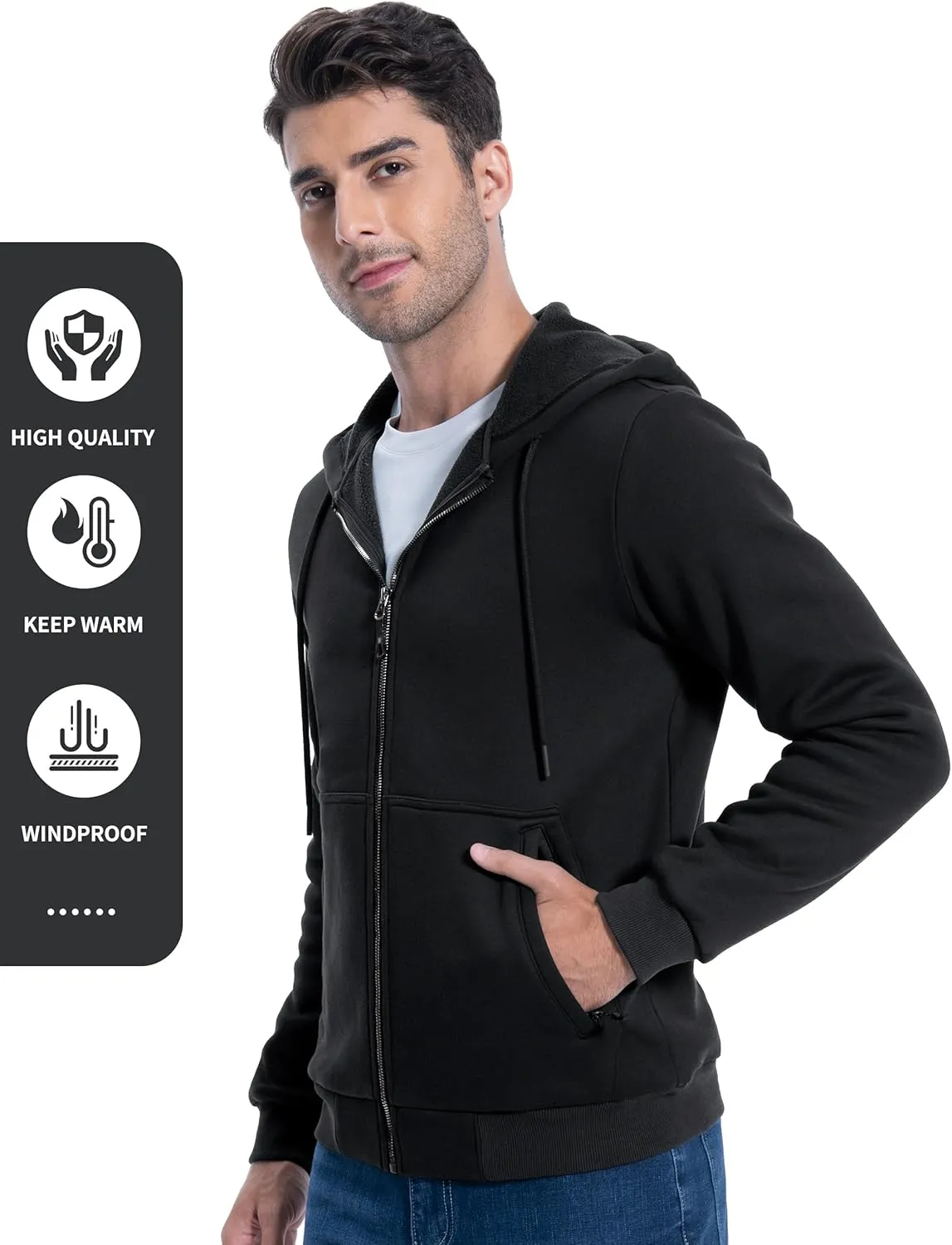 Pioneer Camp Zip Up Hoodie Men Fleece Lined with Zipper Pocket Heavyweight Hooded Sweatshirt Loose Fit Winter Active Jacket