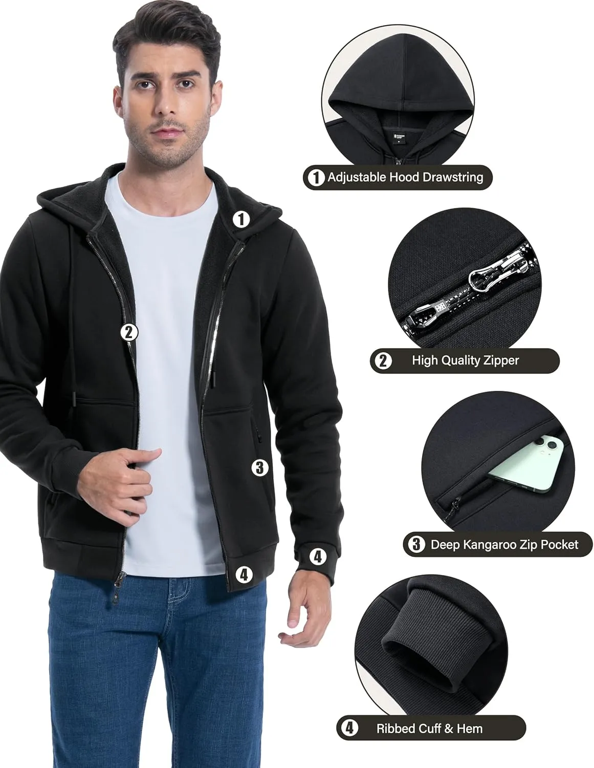 Pioneer Camp Zip Up Hoodie Men Fleece Lined with Zipper Pocket Heavyweight Hooded Sweatshirt Loose Fit Winter Active Jacket