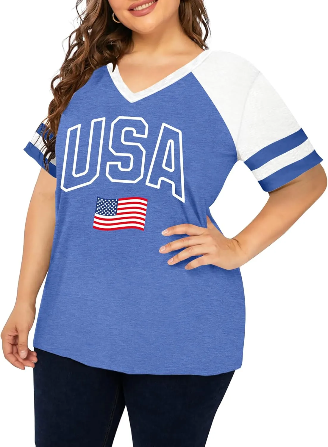 Plus Size Tops American Flag Shirts Womens V Neck Patriotic Tshirt USA Graphic Tee 4th of July T-Shirt