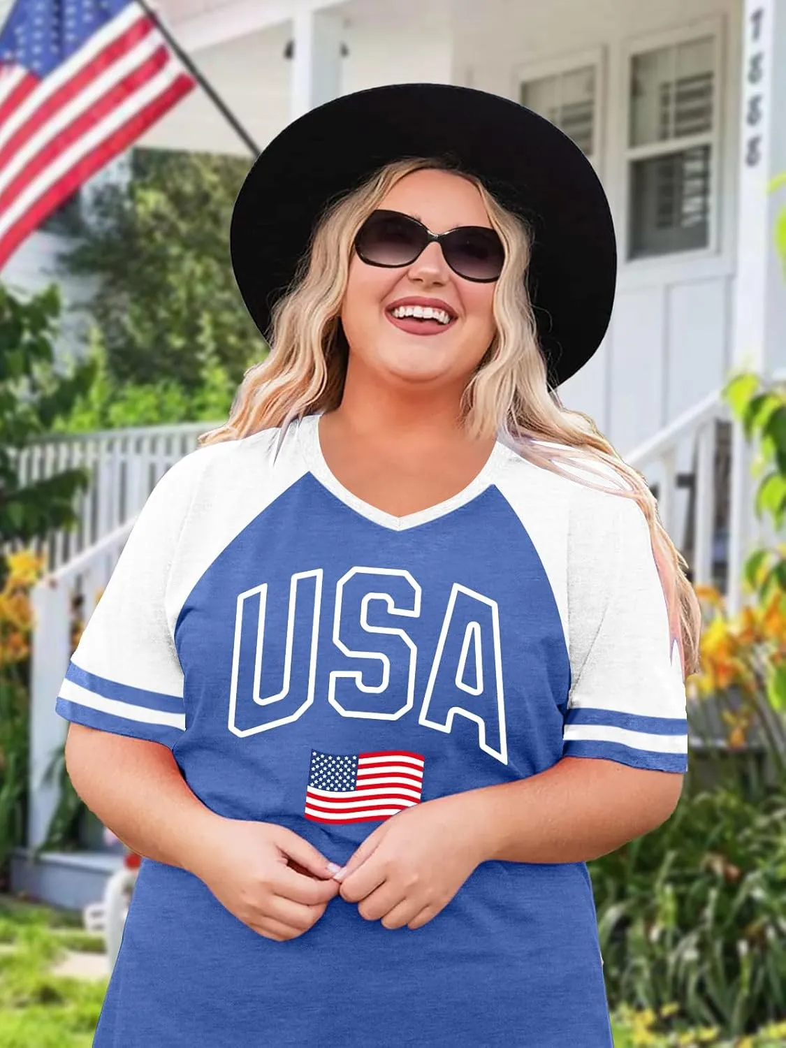 Plus Size Tops American Flag Shirts Womens V Neck Patriotic Tshirt USA Graphic Tee 4th of July T-Shirt
