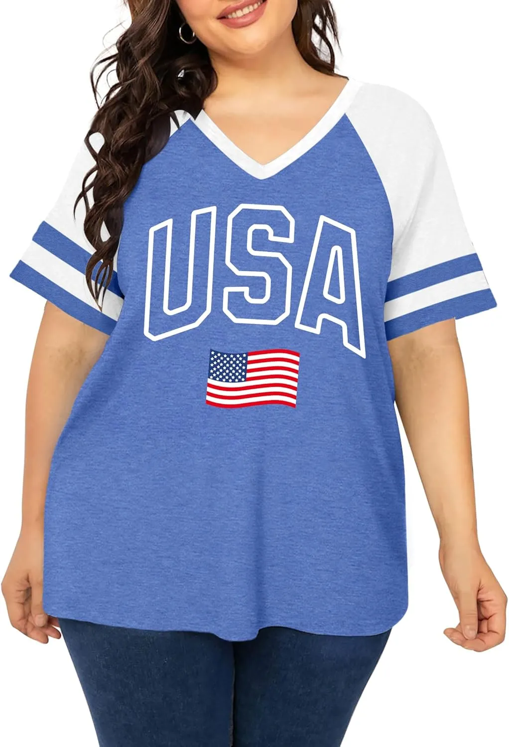 Plus Size Tops American Flag Shirts Womens V Neck Patriotic Tshirt USA Graphic Tee 4th of July T-Shirt