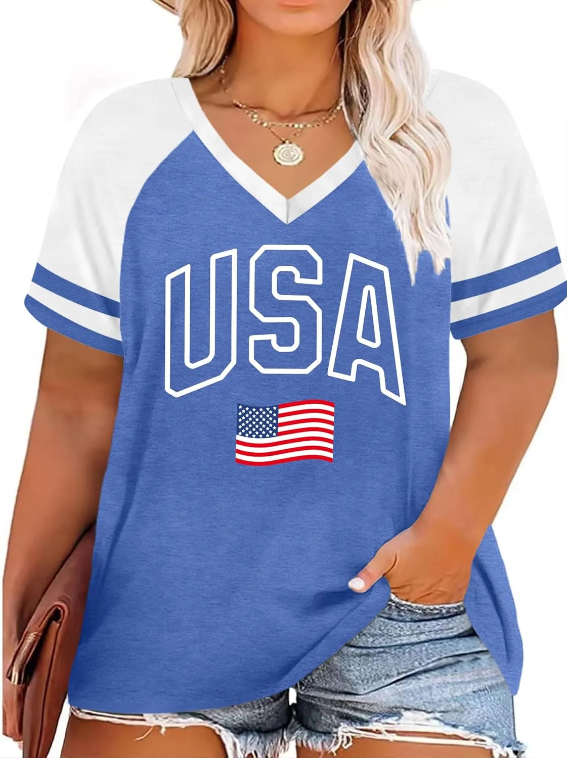 Plus Size Tops American Flag Shirts Womens V Neck Patriotic Tshirt USA Graphic Tee 4th of July T-Shirt