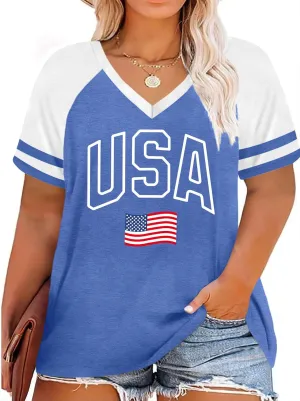 Plus Size Tops American Flag Shirts Womens V Neck Patriotic Tshirt USA Graphic Tee 4th of July T-Shirt