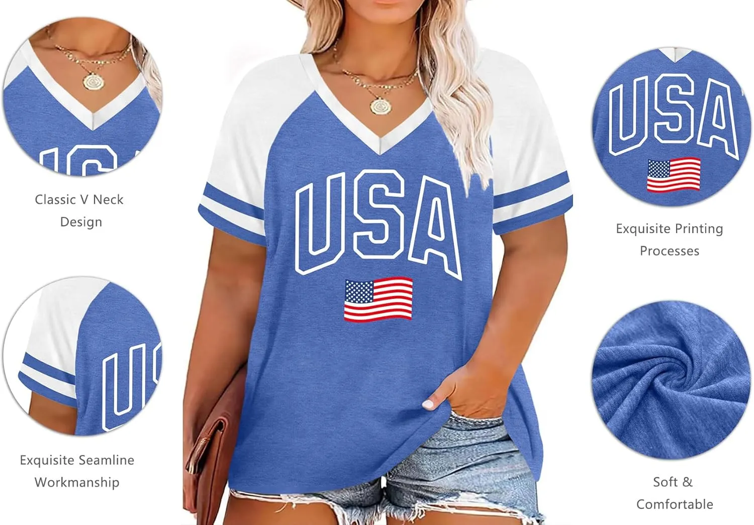 Plus Size Tops American Flag Shirts Womens V Neck Patriotic Tshirt USA Graphic Tee 4th of July T-Shirt