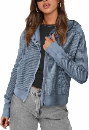 Plustrong Womens Waffle Knit Jackets Zip Up Hoodie Jacket Long Sleeve Cropped Hoodie