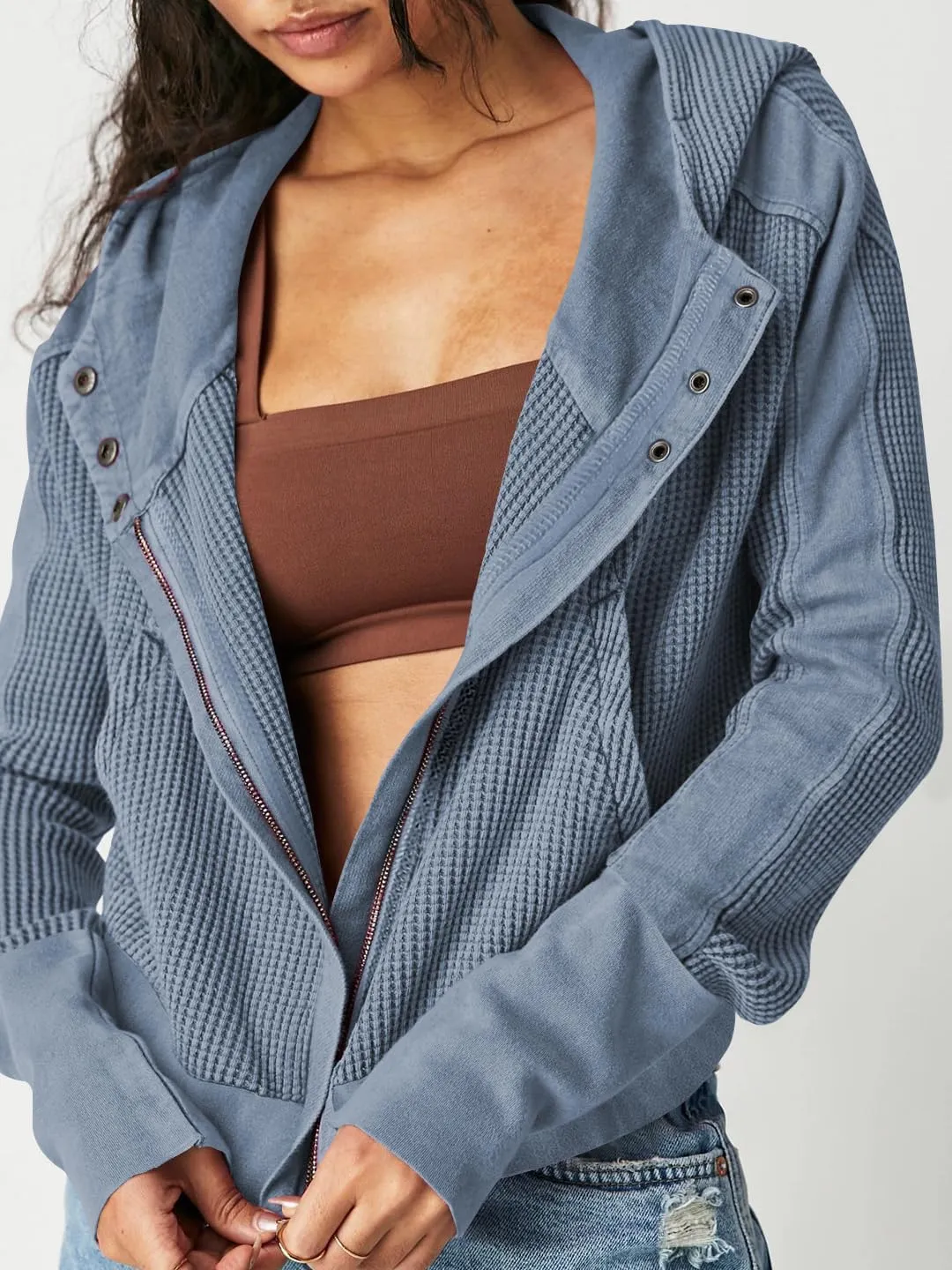 Plustrong Womens Waffle Knit Jackets Zip Up Hoodie Jacket Long Sleeve Cropped Hoodie