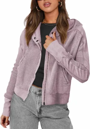 Plustrong Womens Waffle Knit Jackets Zip Up Hoodie Jacket Long Sleeve Cropped Hoodie