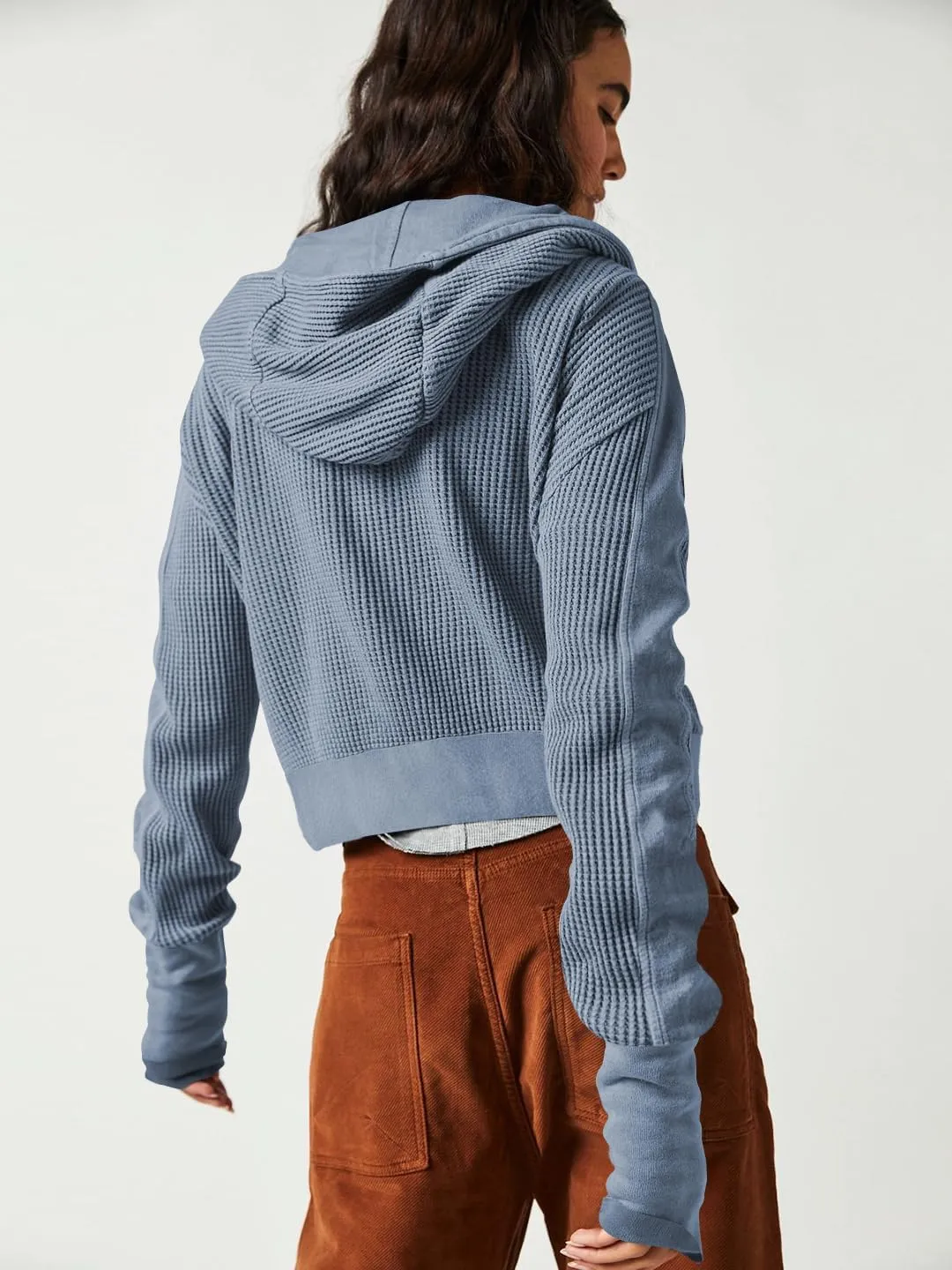 Plustrong Womens Waffle Knit Jackets Zip Up Hoodie Jacket Long Sleeve Cropped Hoodie