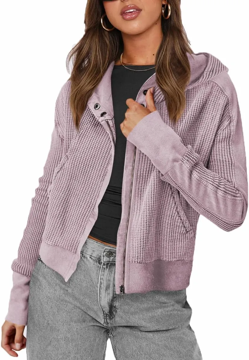 Plustrong Womens Waffle Knit Jackets Zip Up Hoodie Jacket Long Sleeve Cropped Hoodie