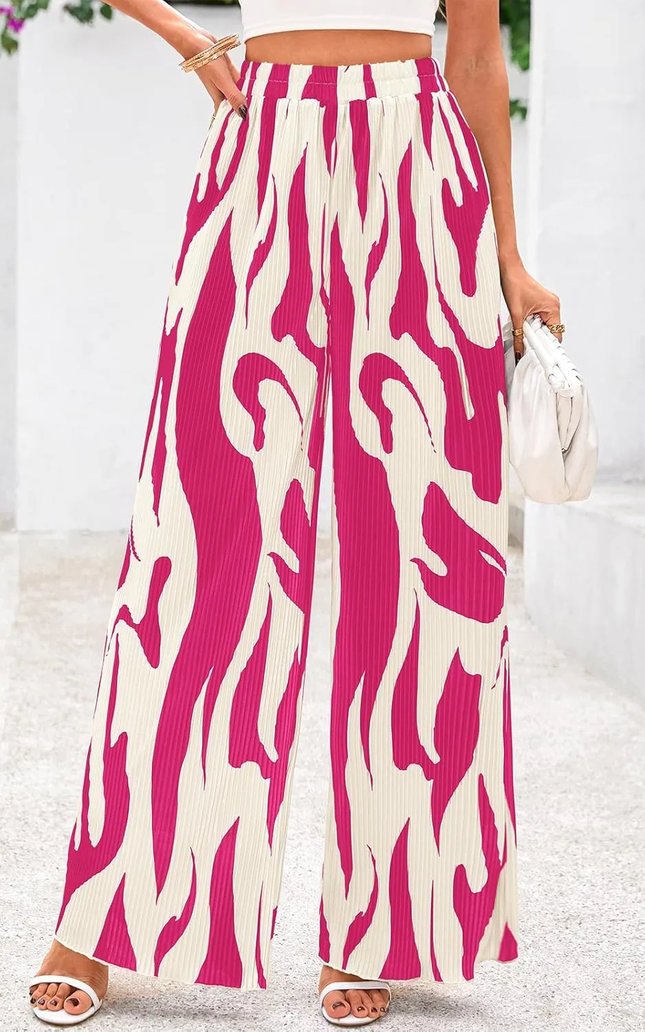 PRETTYGARDEN Womens Pants Dressy Casual Wide Leg Graphic Print Lounge Pants Women Comfy High Waist Pleated Palazzo Pants