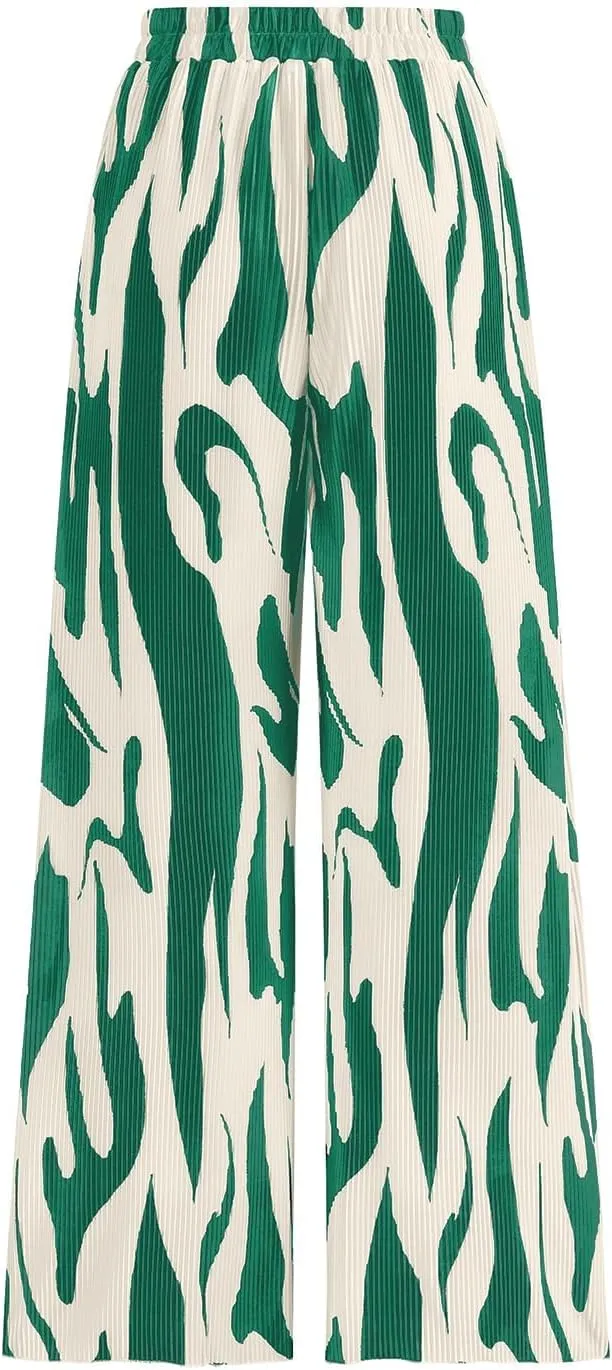 PRETTYGARDEN Womens Pants Dressy Casual Wide Leg Graphic Print Lounge Pants Women Comfy High Waist Pleated Palazzo Pants