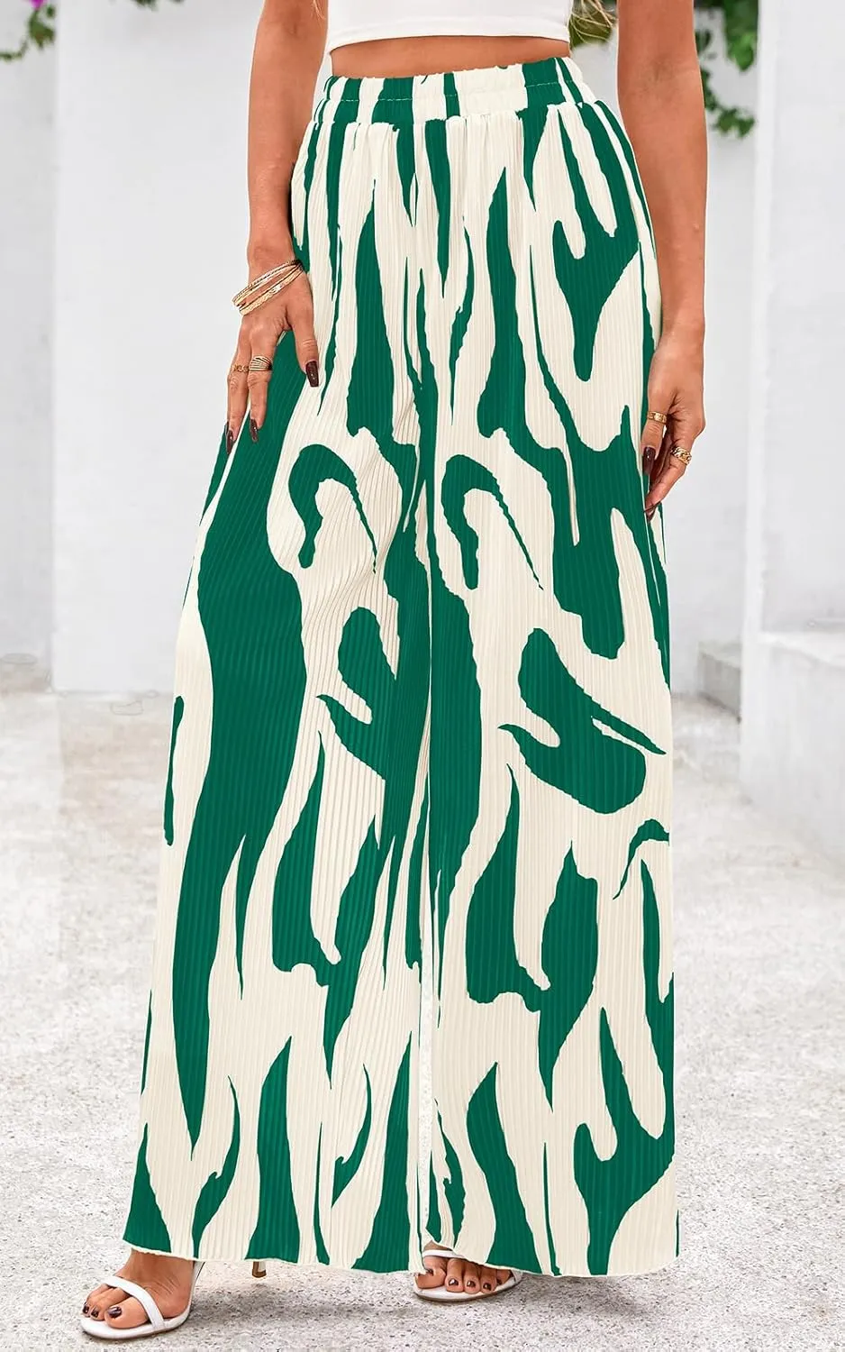 PRETTYGARDEN Womens Pants Dressy Casual Wide Leg Graphic Print Lounge Pants Women Comfy High Waist Pleated Palazzo Pants