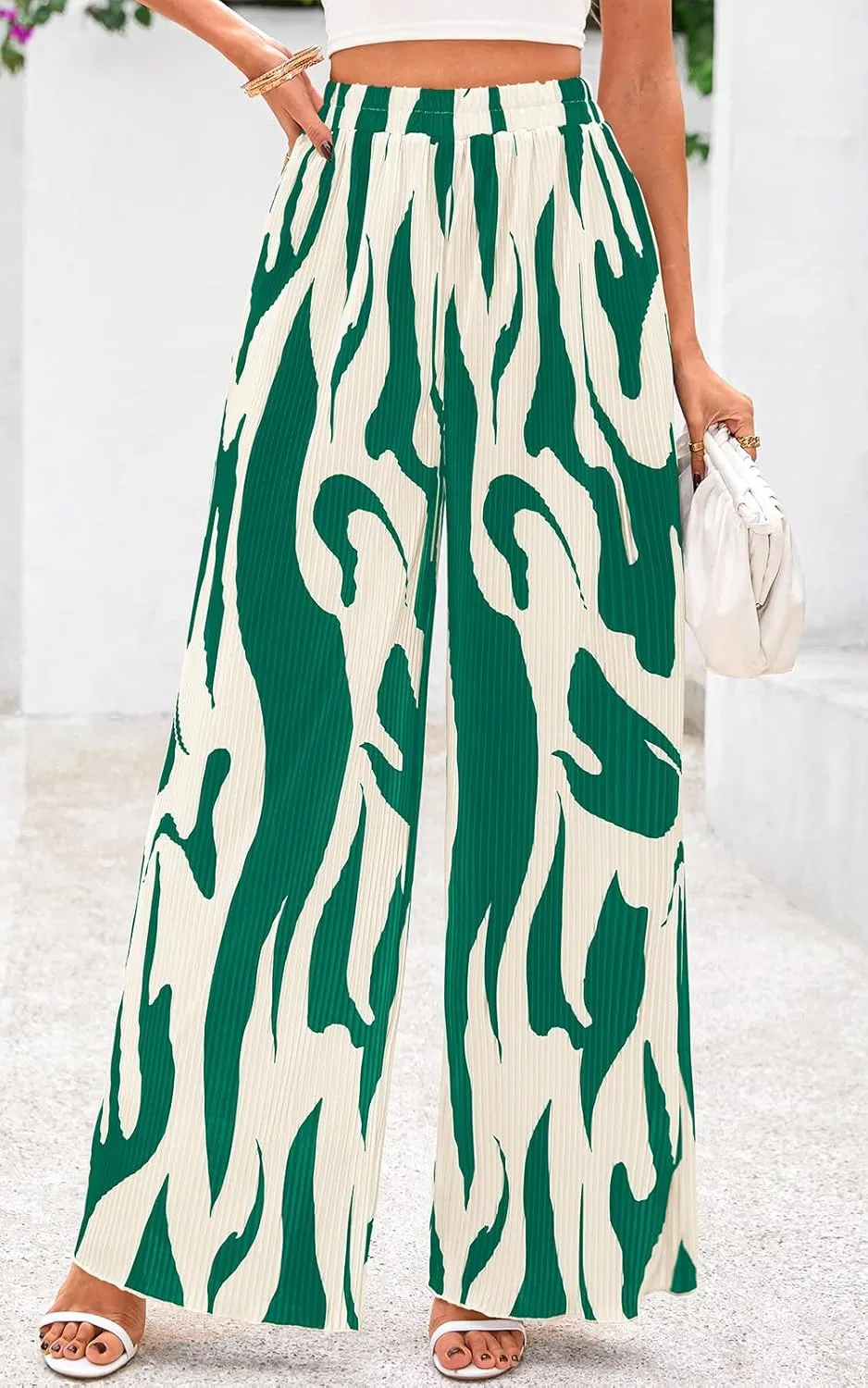 PRETTYGARDEN Womens Pants Dressy Casual Wide Leg Graphic Print Lounge Pants Women Comfy High Waist Pleated Palazzo Pants