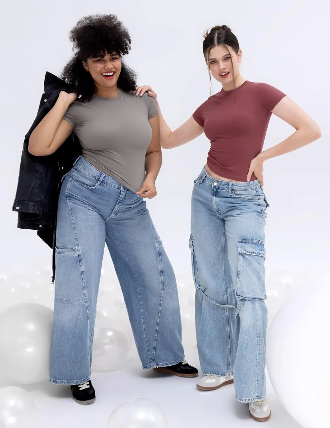 PUMIEY Women's Crew Neck Short Sleeve Tops Double Lined Slim Fit T Shirts Basic Tee Smoke Cloud Pro Collection