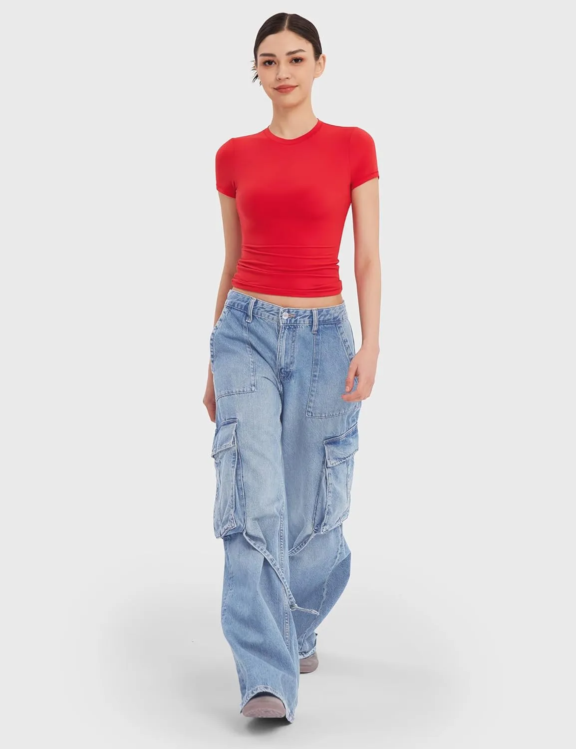 PUMIEY Women's Crew Neck Short Sleeve Tops Double Lined Slim Fit T Shirts Basic Tee Smoke Cloud Pro Collection