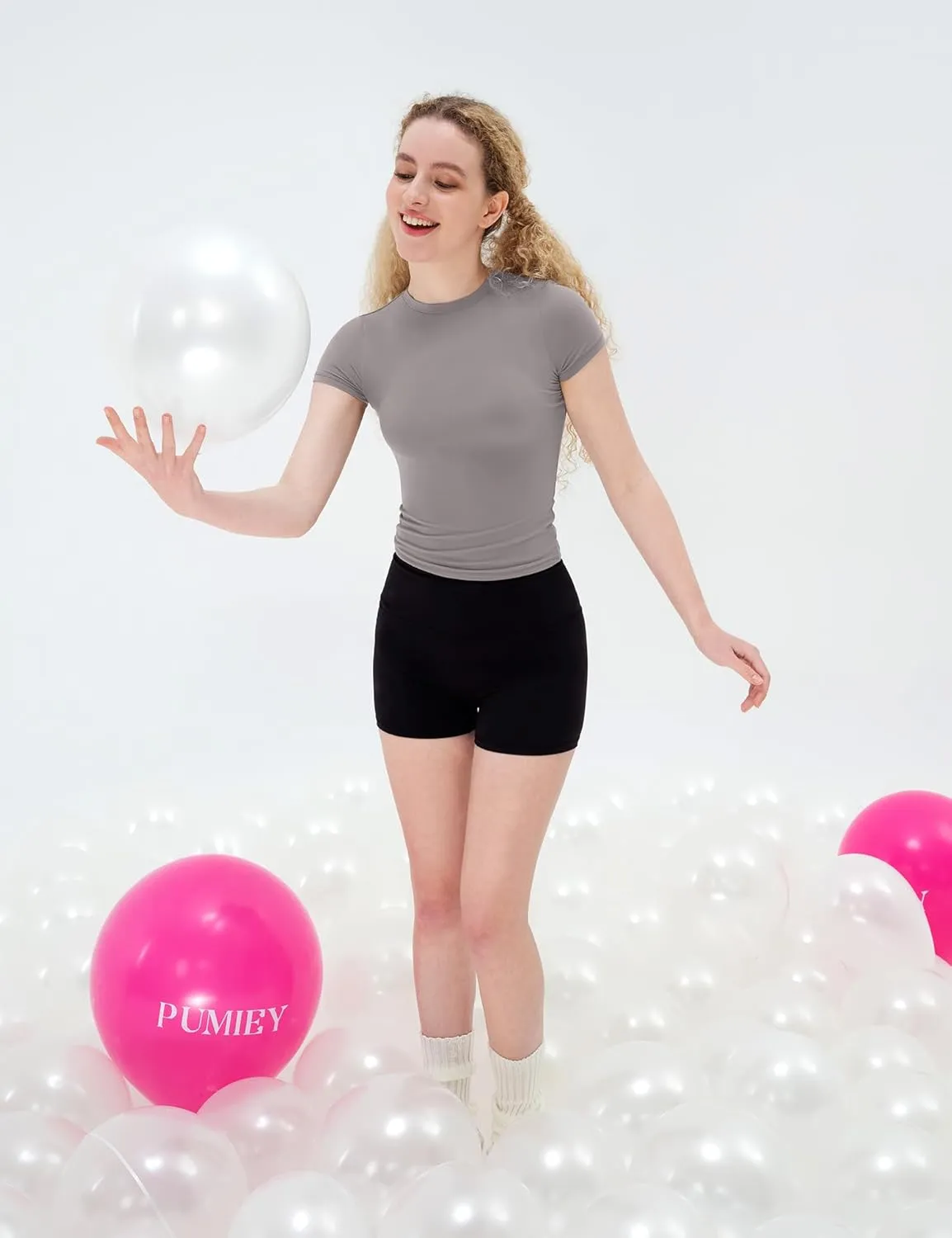 PUMIEY Women's Crew Neck Short Sleeve Tops Double Lined Slim Fit T Shirts Basic Tee Smoke Cloud Pro Collection