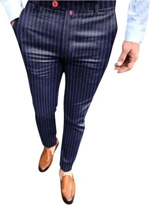 QWENTMTNTY Mens Striped Slim Fit Dress Pants Stretch Wrinkle Free Chino Pants Business Casual Straight Leg Tapered Pants Dark Blue