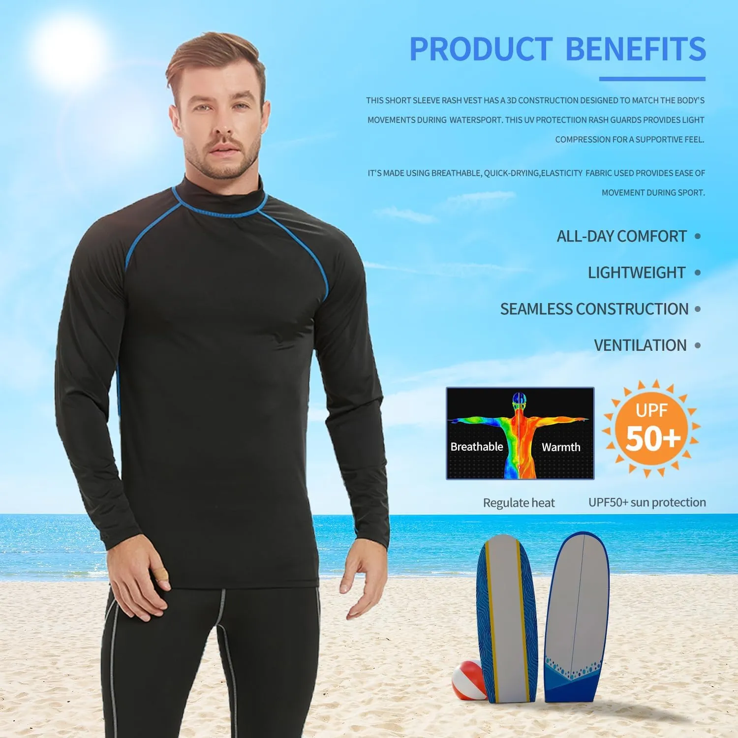 Rash Guard Shirts for Men UV Sun Protection UPF 50 Fitted Rashguard Swim Shirts Quick Dry Swimming Fishing Running