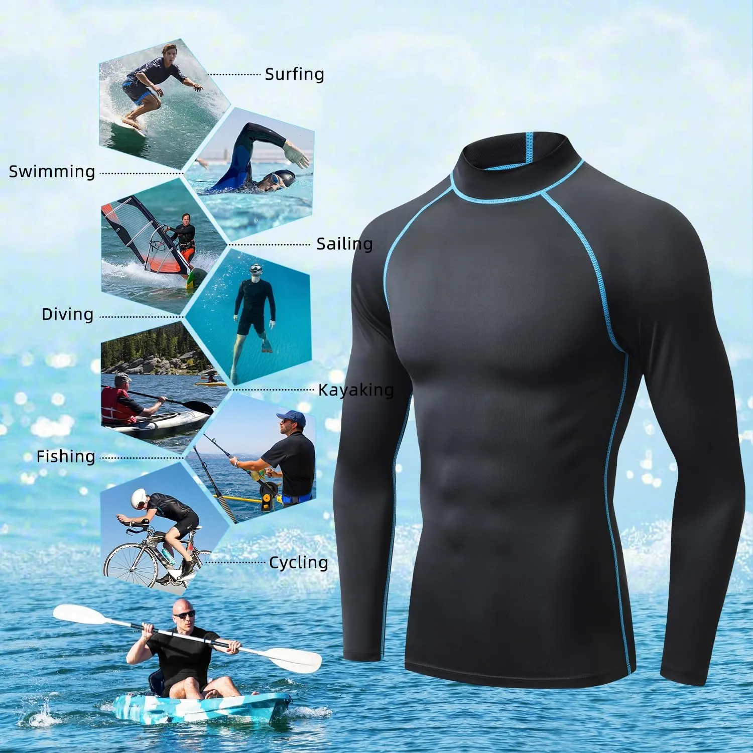 Rash Guard Shirts for Men UV Sun Protection UPF 50 Fitted Rashguard Swim Shirts Quick Dry Swimming Fishing Running