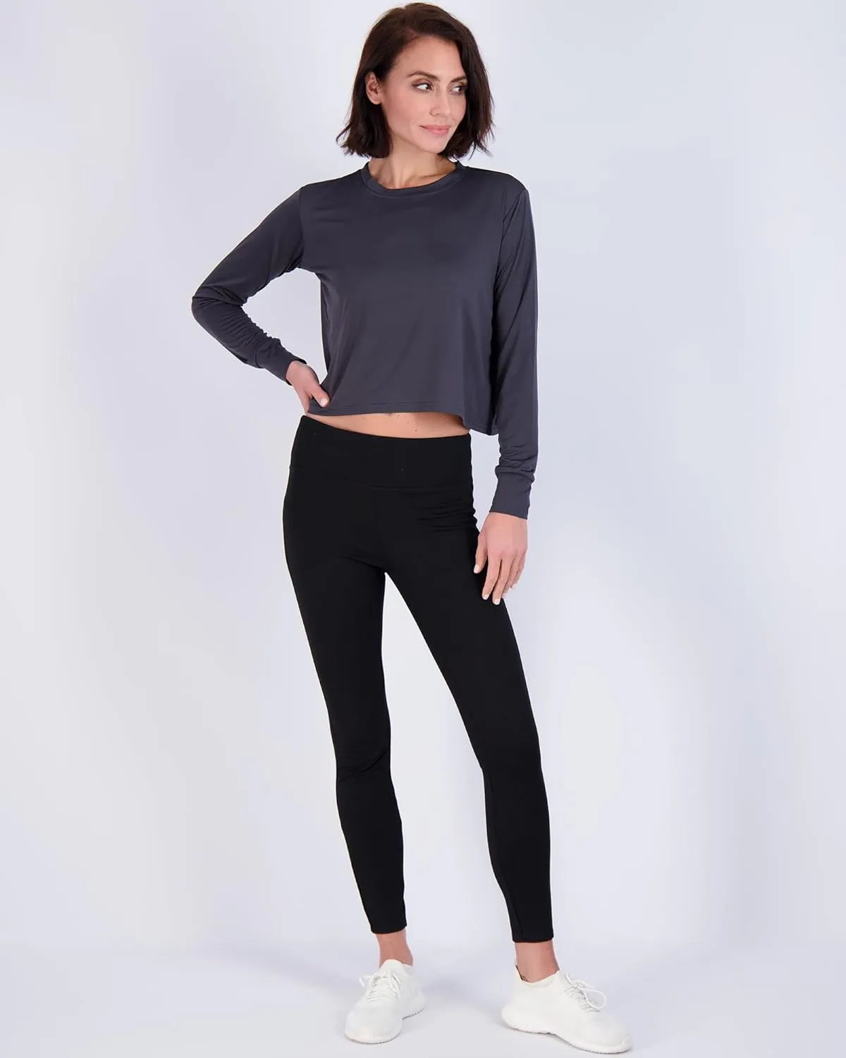 Real Essentials 5 Pack: Women's Dry Fit Crop Top - Long Sleeve Crew Neck Stretch Athletic Tee (Available in Plus Size)