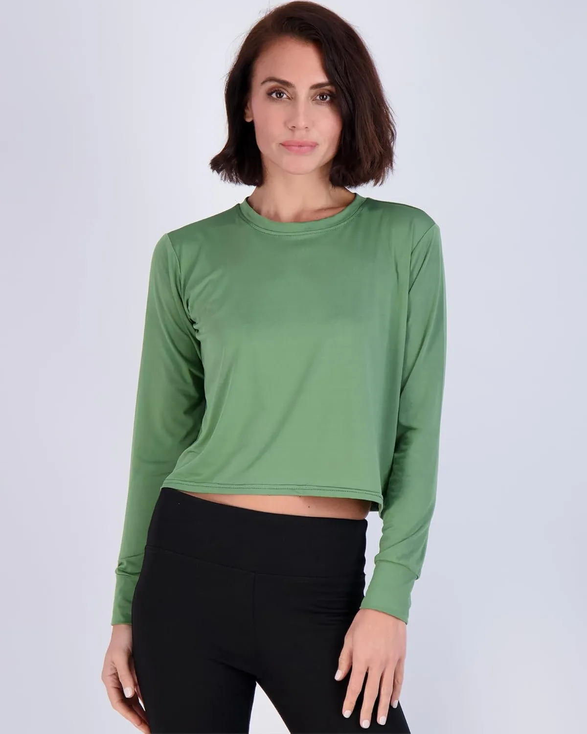 Real Essentials 5 Pack: Women's Dry Fit Crop Top - Long Sleeve Crew Neck Stretch Athletic Tee (Available in Plus Size)